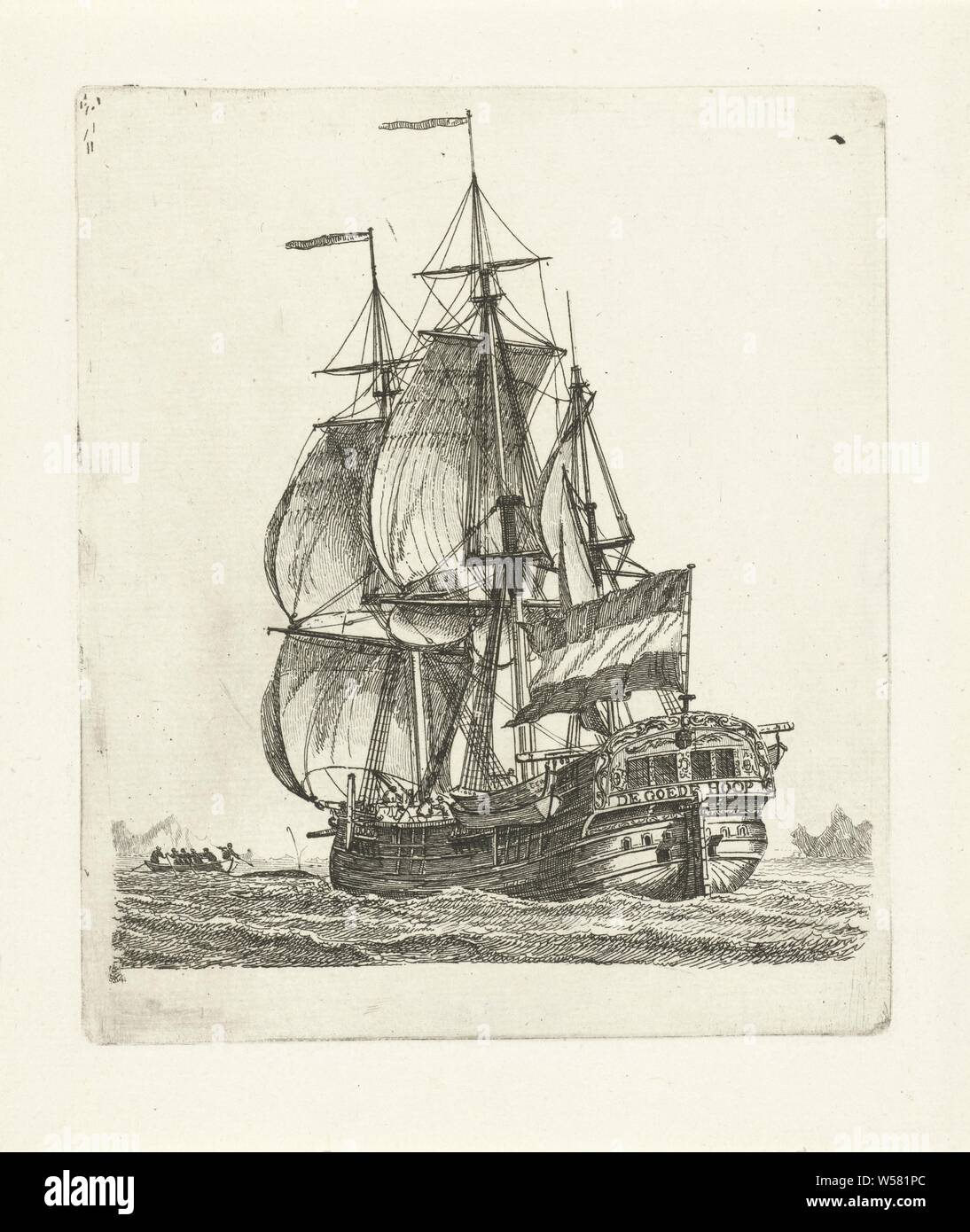 Tre-masted "La Buona Speranza' diverse navi, serie E e serie (titolo), Tre-masted ' chiamato buona speranza, visto diagonalmente da dietro. Sullo specchio della nave è 'la Buona Speranza". Sulla destra e sulla sinistra sloops sono appesi sulla nave. Una barca a remi è mostrato sulla sinistra. I contorni delle rocce può essere visto in background. Questa stampa è parte di una serie di dodici stampe con diverse navi a vela., navi (in generale), Gerrit Groenewegen, Rotterdam, 1790, carta, attacco, h 151 mm × W 129 mm Foto Stock