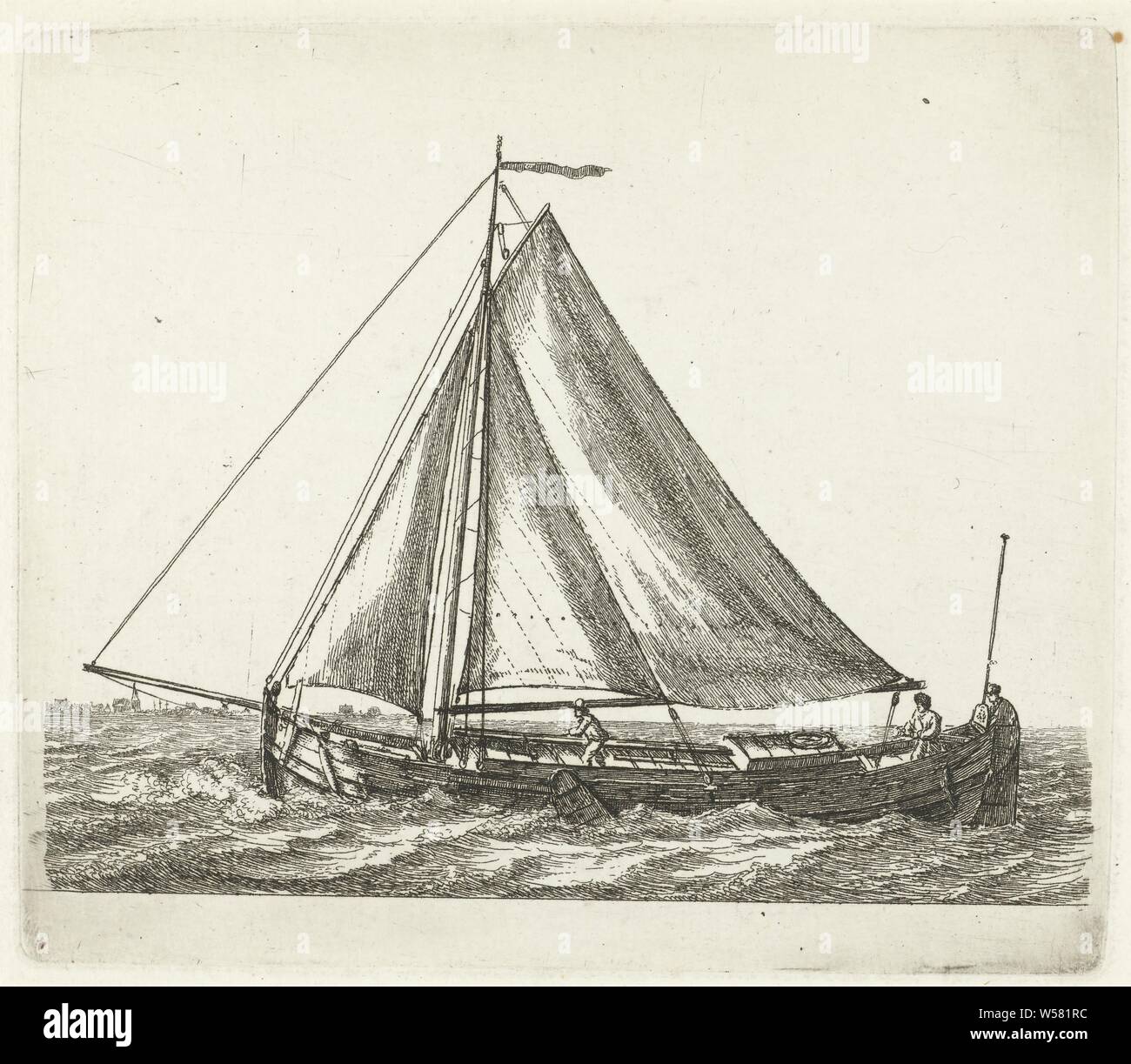 Frisone Praam diverse navi serie F (titolo serie), il Frisone Praam con due figure, uno dei quali è al timone. A sinistra sullo sfondo i contorni di una chiesa e di altri edifici. Questa stampa è parte di una serie di dodici stampe con diverse navi a vela., navi (in generale), Gerrit Groenewegen, Rotterdam, 1791 e/o 1791, la carta, attacco, h 136 mm × W 156 mm Foto Stock