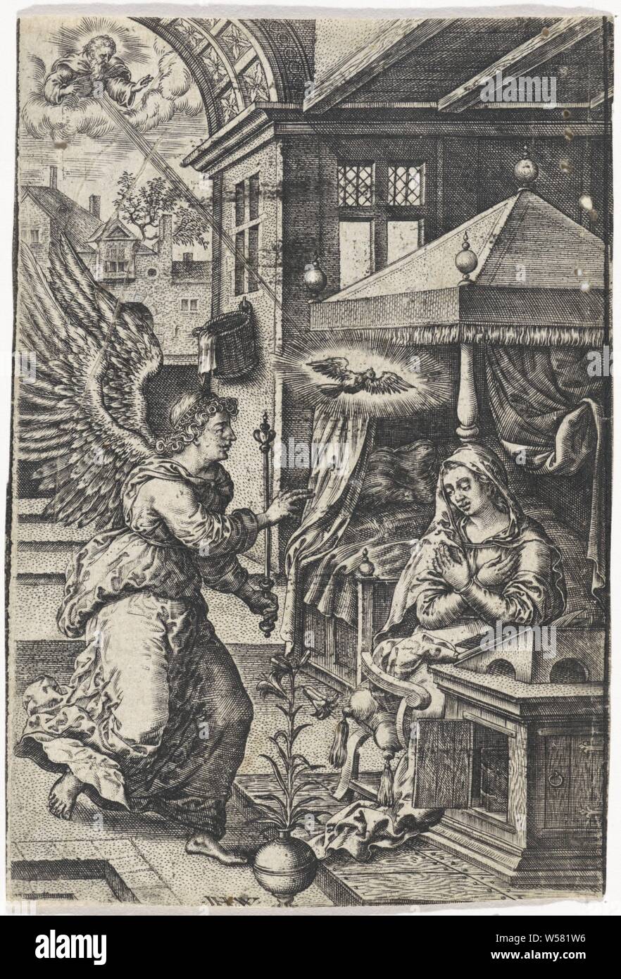 Annunciazione, Johannes Wierix (menzionato in oggetto), Anversa, 1573, carta, incisione h 112 mm × W 76 mm Foto Stock
