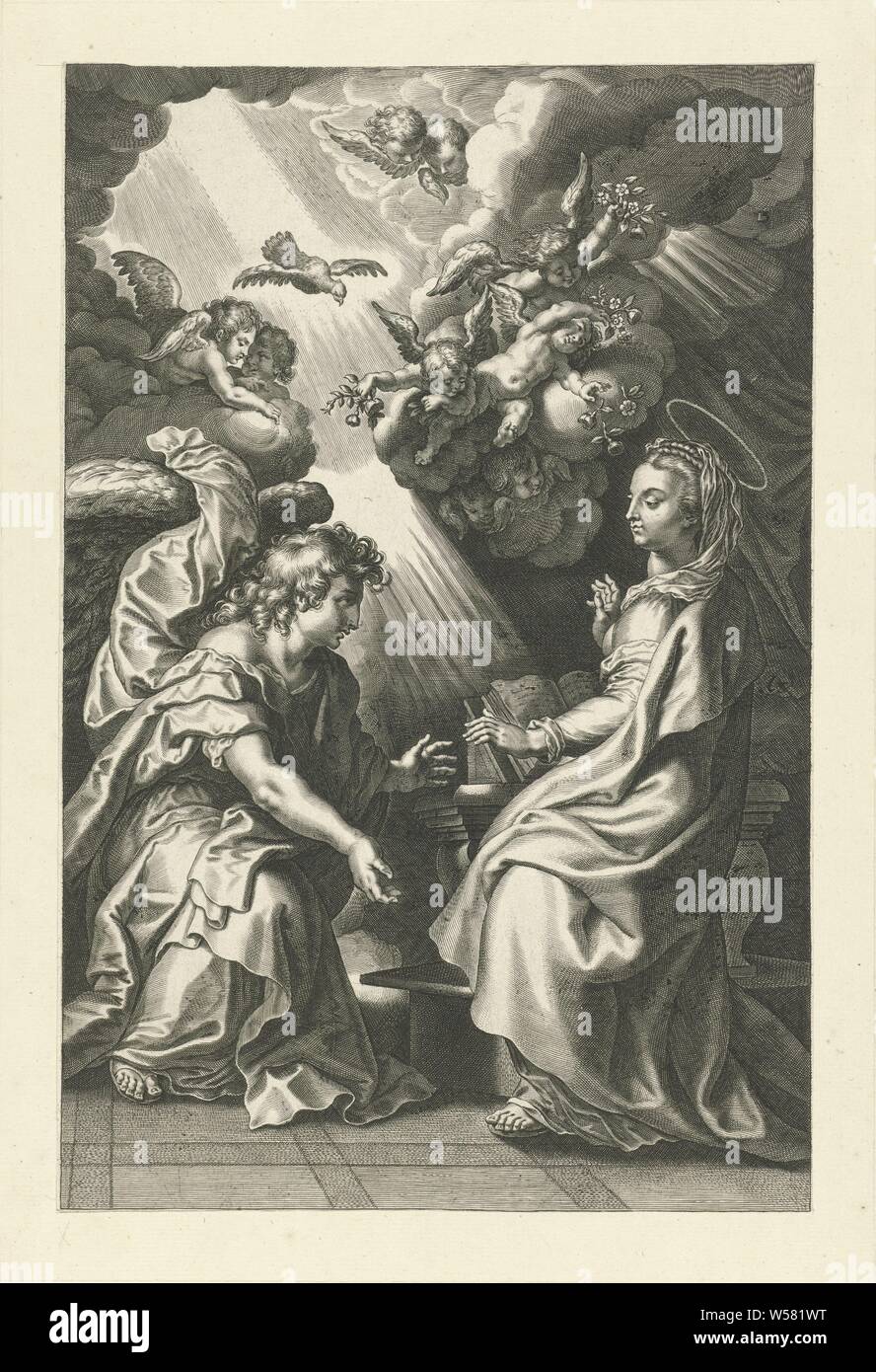 Annunciazione scene del Vecchio e del Nuovo Testamento (titolo serie) Breviario Romano (titolo serie), Maria è seduta su una sedia. Ella è visitato da angelo Gabriele. Egli dice che lei partorirà un figlio di nome Cristo. Diversi piccoli angeli tra le nuvole. Lo Spirito Santo (una colomba) scende dal cielo. La stampa è parte di una serie di scene del Vecchio e del Nuovo Testamento., l'annunciazione: Maria, solitamente la lettura, è visitato da un angelo (talvolta una donna overhears la conversazione), Theodoor Galle, Anversa, c. 1612 - c. 1616, carta, incisione h 294 mm × W 193 mm Foto Stock