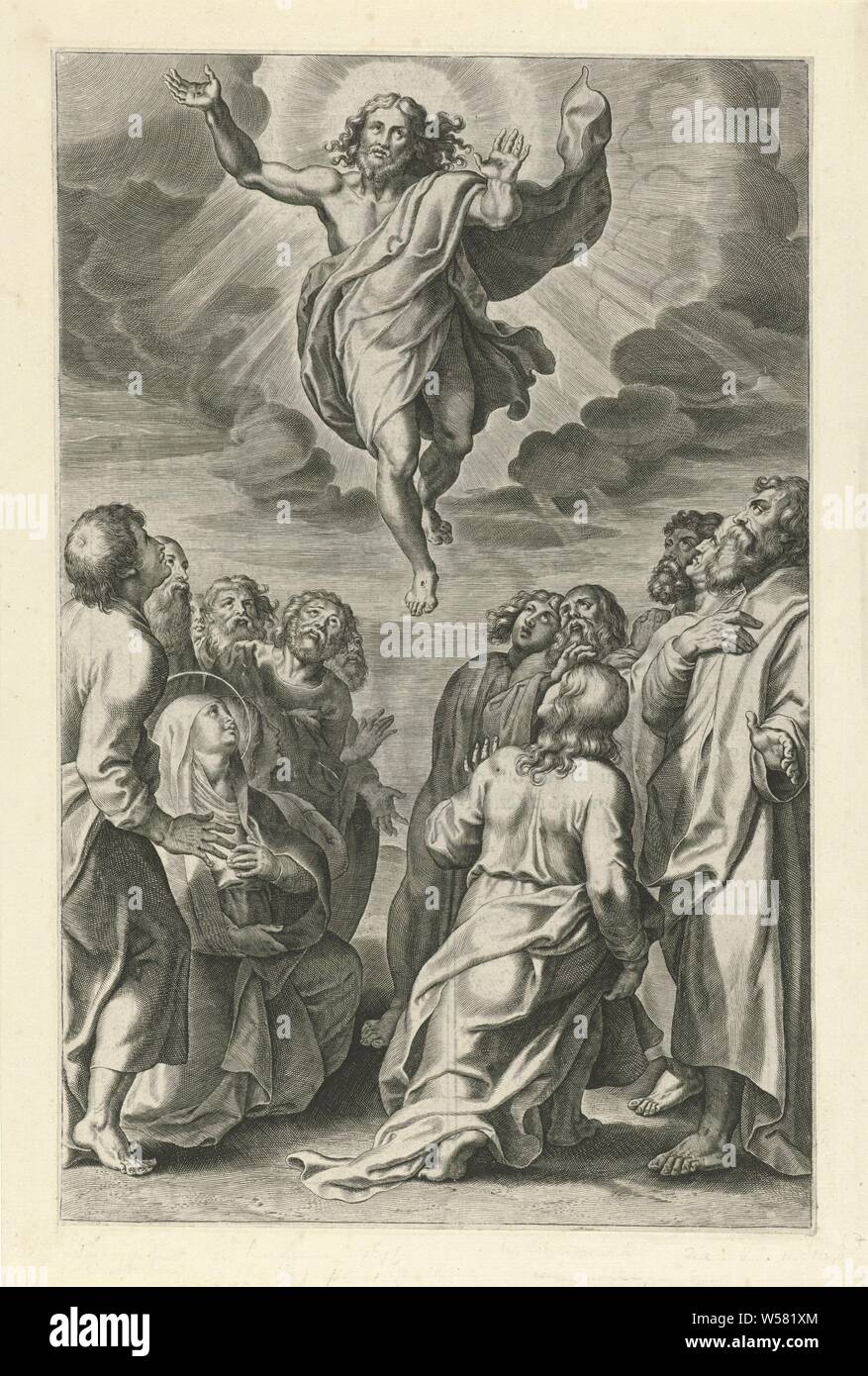 L Ascensione di Cristo scene del Vecchio e del Nuovo Testamento (titolo serie) Breviario Romano (titolo serie), Cristo è assunto in cielo. Attorno a lui sono studenti e Maria. La stampa è parte di una serie di scene del Vecchio e del Nuovo Testamento., l'Ascensione (Cristo circondato da luce radiante o in una mandorla), Theodoor Galle (forse), Anversa, c. 1612 - c. 1616, carta, incisione h 299 mm × W 193 mm Foto Stock