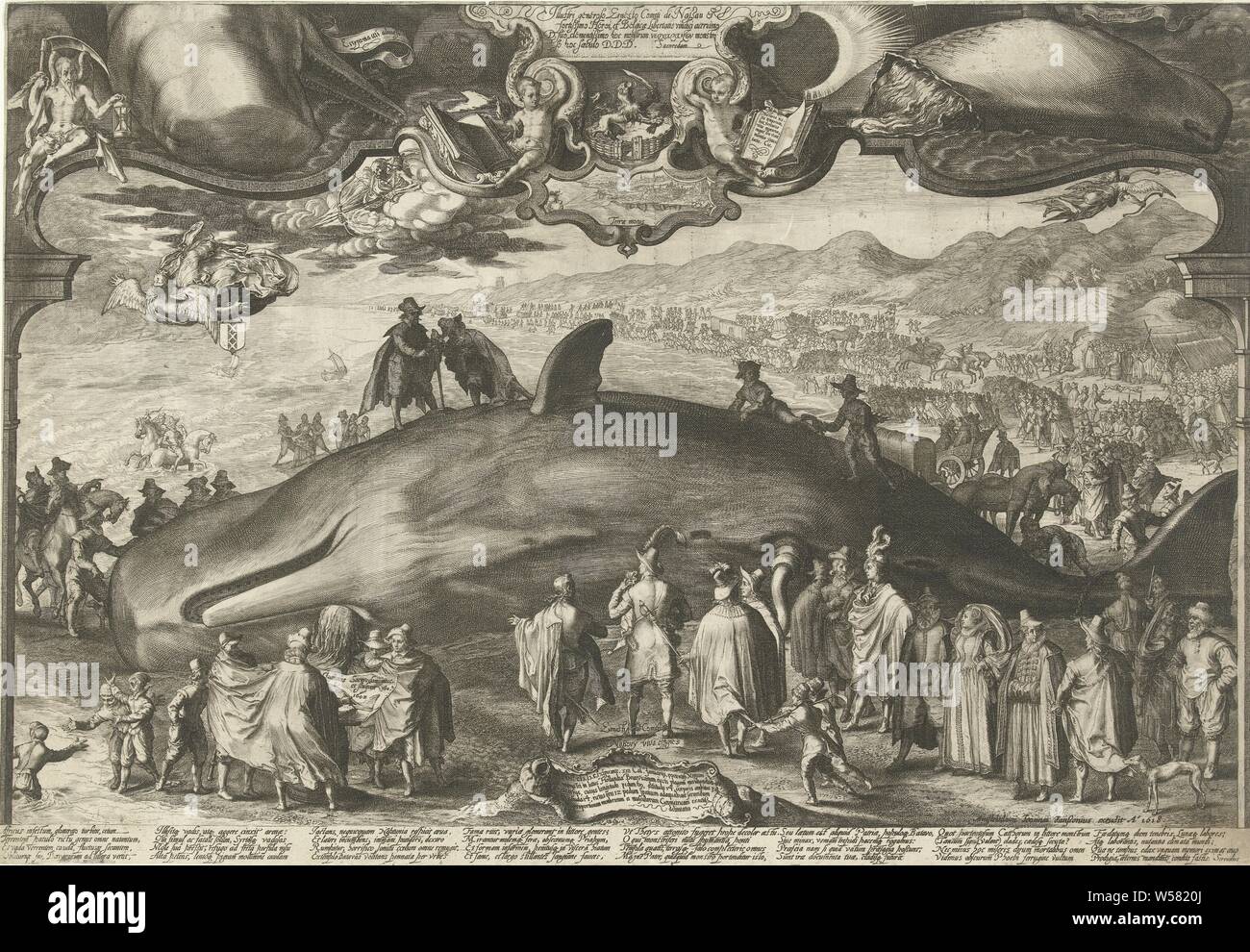 Walvis, lavato a terra il 13 gennaio 1601 a Beverwijk, Walvis (sperma balena) si è incagliata su 13 Gennaio 1601 a Beverwijk. In primo piano conte Ernst Casimir van Nassau, il pittore con un foglio di carta in mano con il suo disegno, una folla di spettatori e a sinistra sullo sfondo il mare, sulla destra la spiaggia con auto e persone. Nella parte superiore è possibile vedere la testa della balena dai due lati. Tra una missione in Latino al conte Ernst Casimir da Saenredam, e il oscurato il sole e la luna. Di seguito che è un terremoto e la morte che una freccia spara ad Amsterdam la Vergine come un allusione Foto Stock
