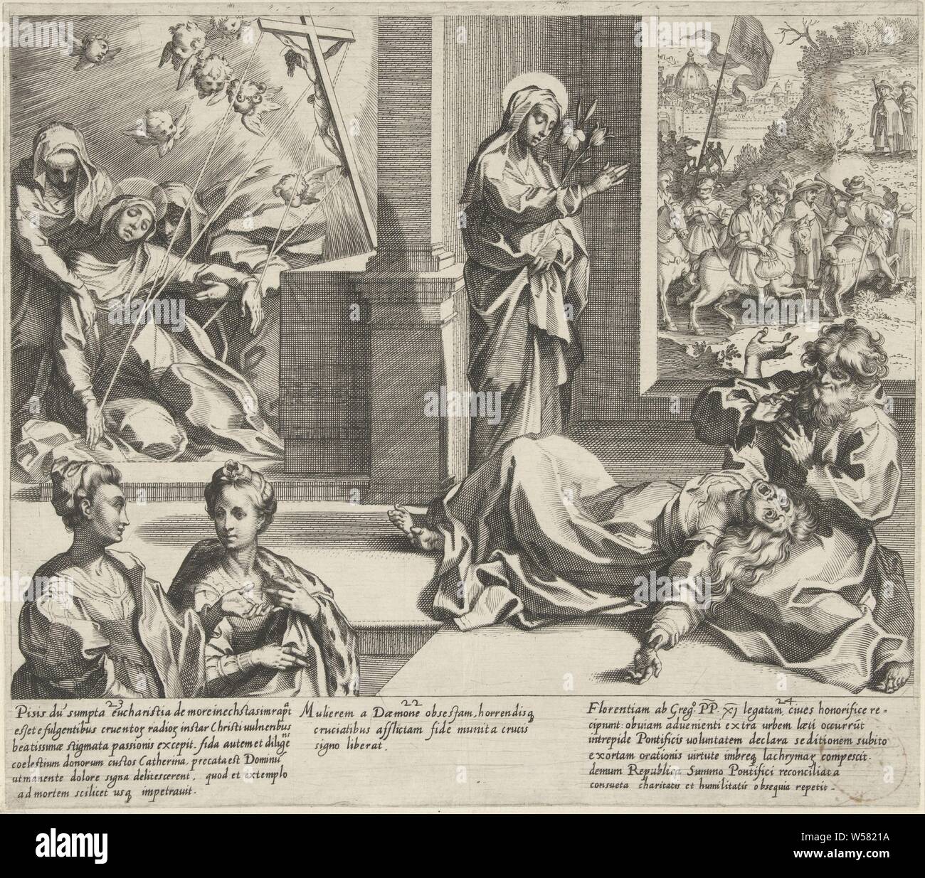 Catharina riceve le stimmate di Cristo / Catharina riscatta un posseduto dai suoi demoni / Papa Gregorio XI torna in Italia Scè nes dalla vita e meraviglie di Santa Caterina da Siena (titolo serie) Vita mors gesta, et miracula quaedam selecta B. CATHERINAE SENENSIS (...) (titolo serie), da sinistra a destra: Catharina soccombe nei bracci di due sorelle dopo aver ricevuto le stimmate da Cristo. Linee passano dal corpo di Cristo in un crocifisso per le ferite di Catherine ., possedeva una donna è contorsioni sul pavimento. Il marito cerca di tenerla sotto controllo. Catharina redime Foto Stock