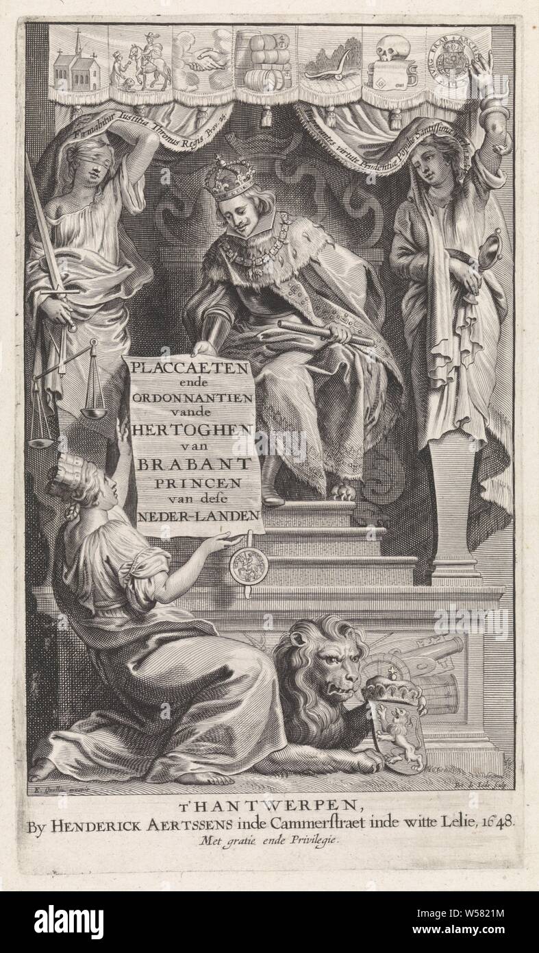 Il duca con la personificazione di una città titolo pagina per: Placcaeten ordonnantien (...) 1648, un duca su un trono. Ci sono vari simboli a baldacchino sopra il trono. Il duca è affiancato da una statua della giustizia (Justitia) e di attenzione (Prudentia). Con la sua mano destra ha le mani su una carta (con il titolo) per una femmina la personificazione di una città. Ella è incoronata con una corona di parete. Un leone con lo stemma dei duchi di Brabante è ai suoi piedi., Justitia (giustizia) come personificazione romana, Prudentia (prudenza) come personificazione romana, personificazione di una città patrono (ESS), righello Foto Stock