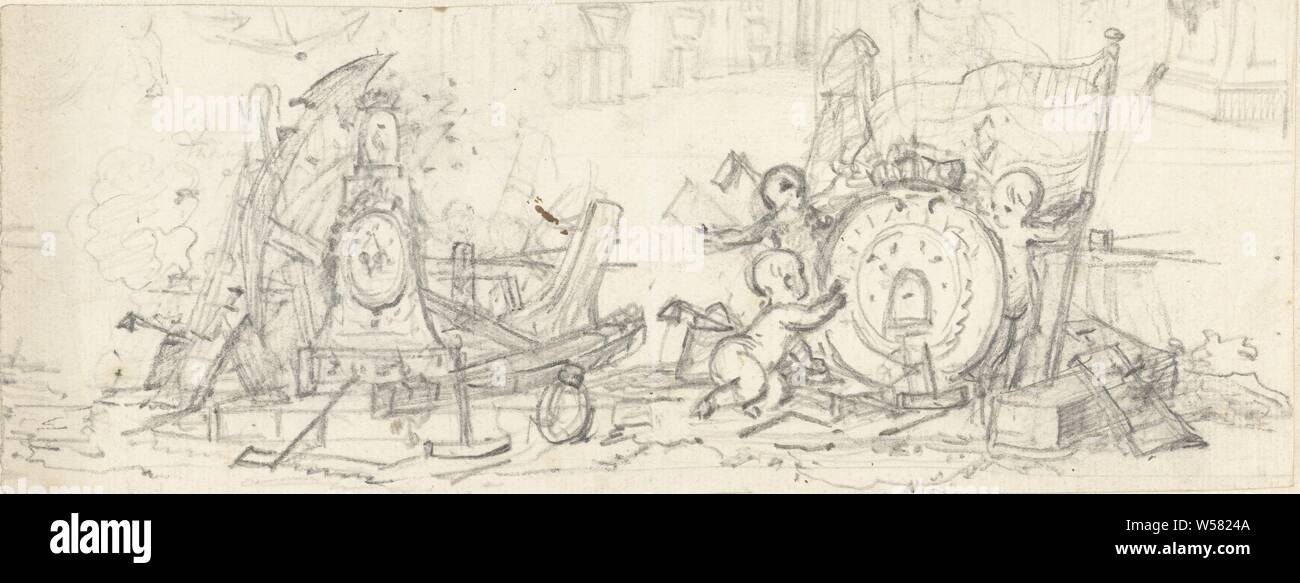 Schizzo di putti con i simboli relativi al VOC, Jurriaan Andriessen, 1752 - 1819, carta di grafite (minerale), h 96 mm × W 250 mm Foto Stock