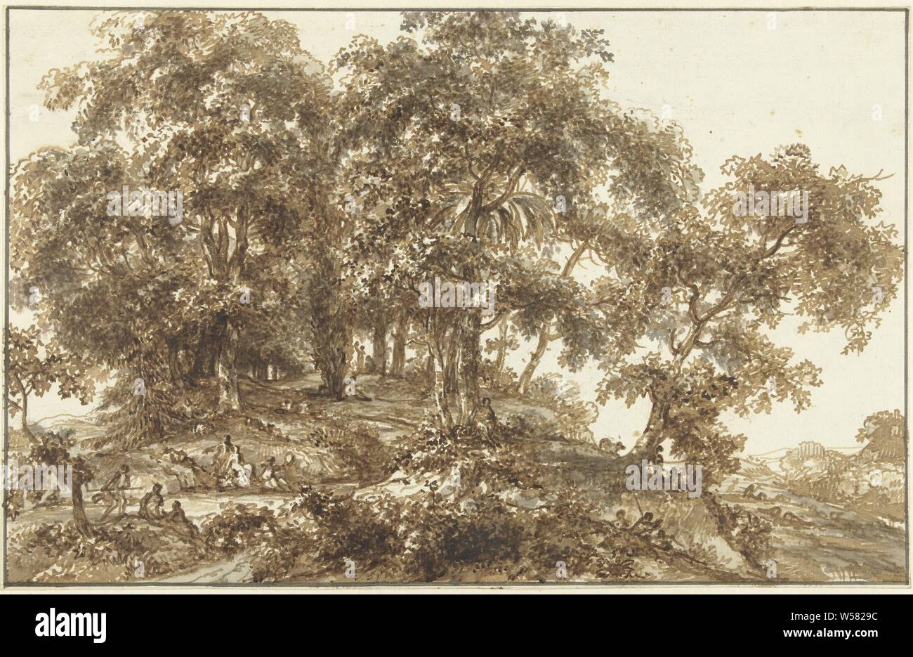 Paesaggio con un gruppo ad albero, Jurriaan Andriessen, 1752 - 1819, carta, inchiostro, spazzola, h 244 mm × W 382 mm Foto Stock