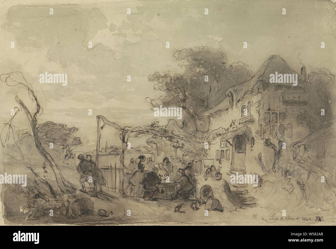 Azienda su una terrazza di fronte a una strada inn, Eugène François de blocco, 1840, carta, inchiostro matita, spazzola, h 182 mm × W 269 mm Foto Stock