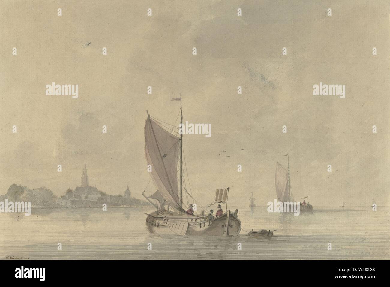 Chiatte a vela d'acqua davanti a una cittadina olandese, villaggio, sailing-nave, barca a vela, Nicolaas Wicart, 1758 - 1815, carta, inchiostro acquerello (vernice), brush, h 201 mm × W 301 mm Foto Stock