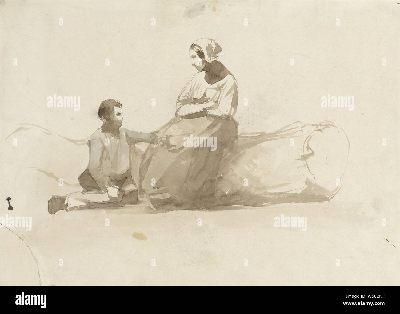 Donna su un tronco di albero e un ragazzo con un libro, Johan Daniël Koelman, 1841 - 1857, carta, spazzola h 254 mm × W 338 mm Foto Stock