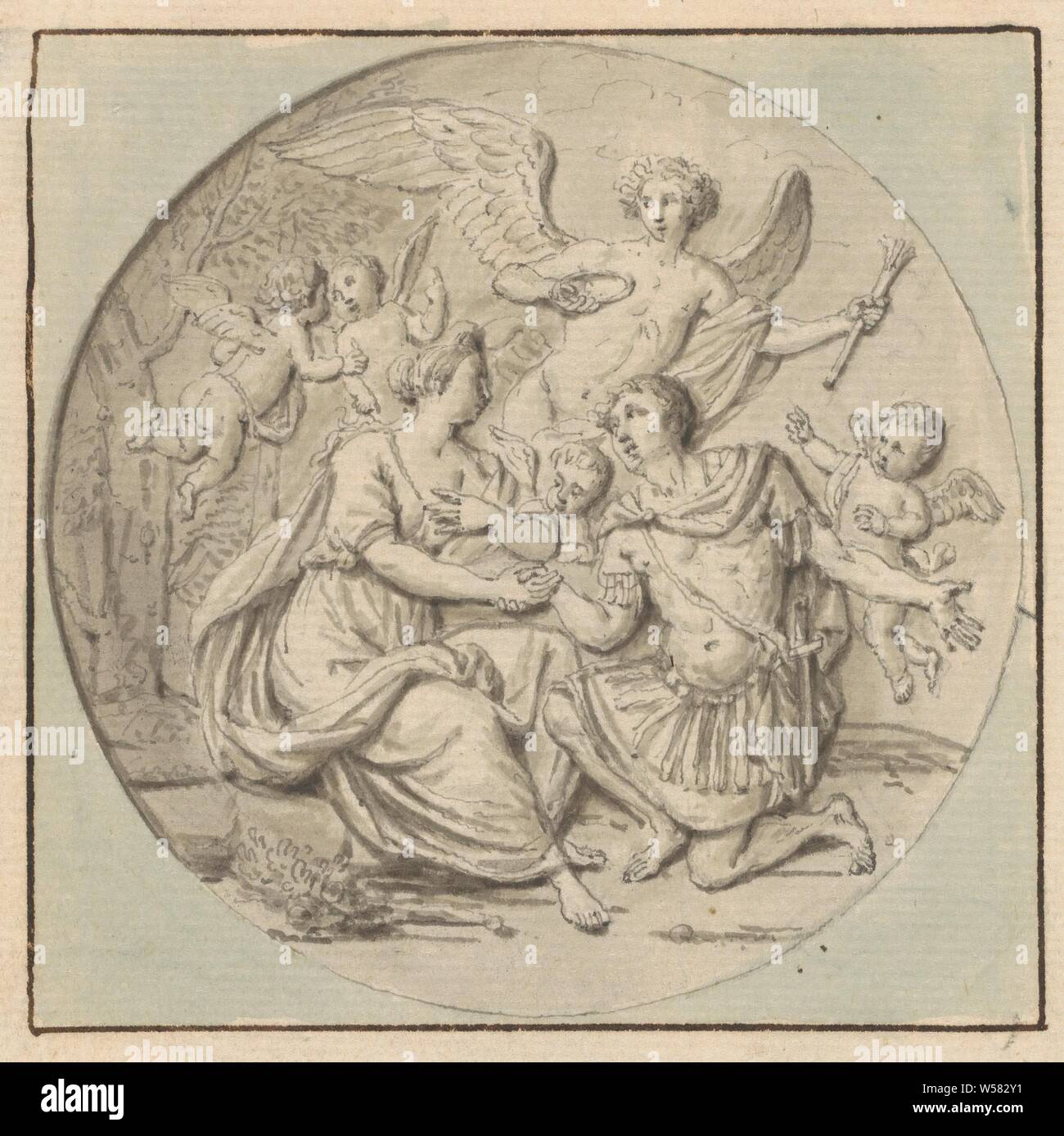 Militari si inginocchia davanti a una donna ed è coronata da Hymenaeus (in scatola con 43 disegni), (storia di) Imene (aeus), 'Castitimrimoniale', 'Fede maritale', 'Matrimonio' ( Ripa), l uomo inginocchiato davanti al suo amato (proponendo), Louis Fabritius Dubourg, 1703 - 1775, carta, inchiostro, spazzola h 90 mm × W 90 mm Foto Stock