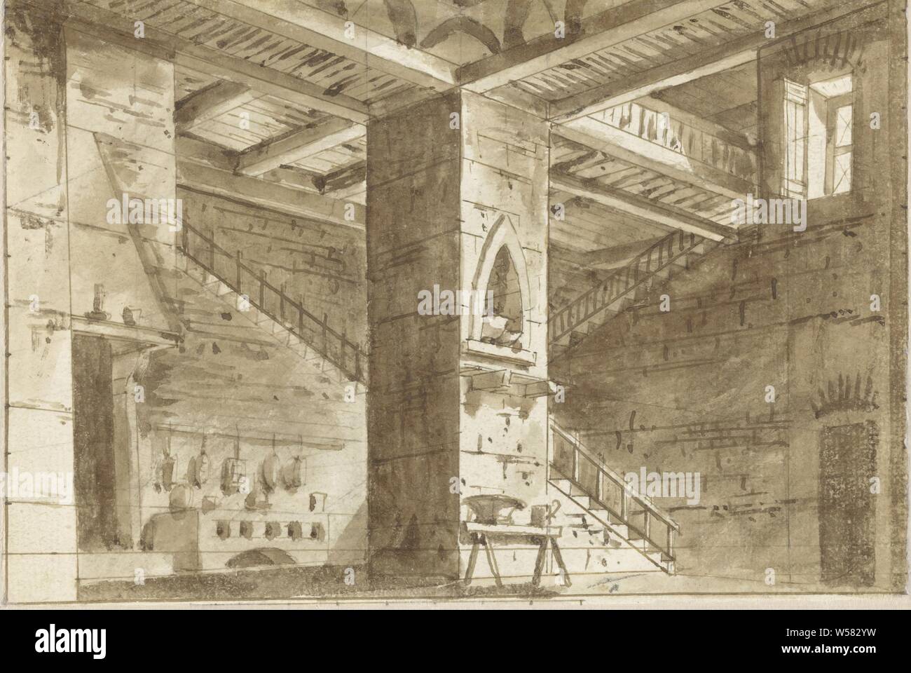 Cucina in un castello, Italia, 1770 - 1799, carta di grafite (minerale), inchiostro, spazzola, h 142 mm × W 206 mm Foto Stock