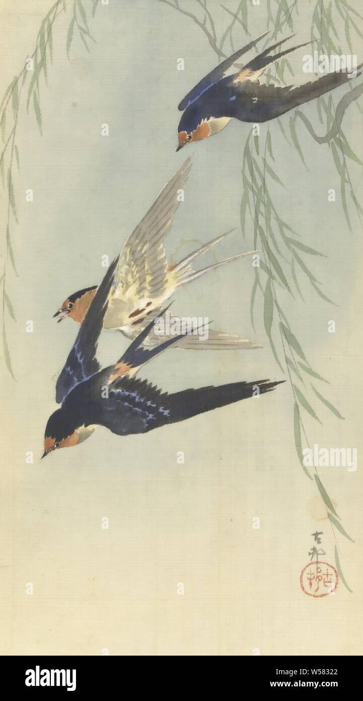 Tre uccelli in pieno volo, disegno di progetto per la stampa., Ohara Koson, 1887 - 1945, carta giapponese (carta fatta a mano), spazzola Foto Stock