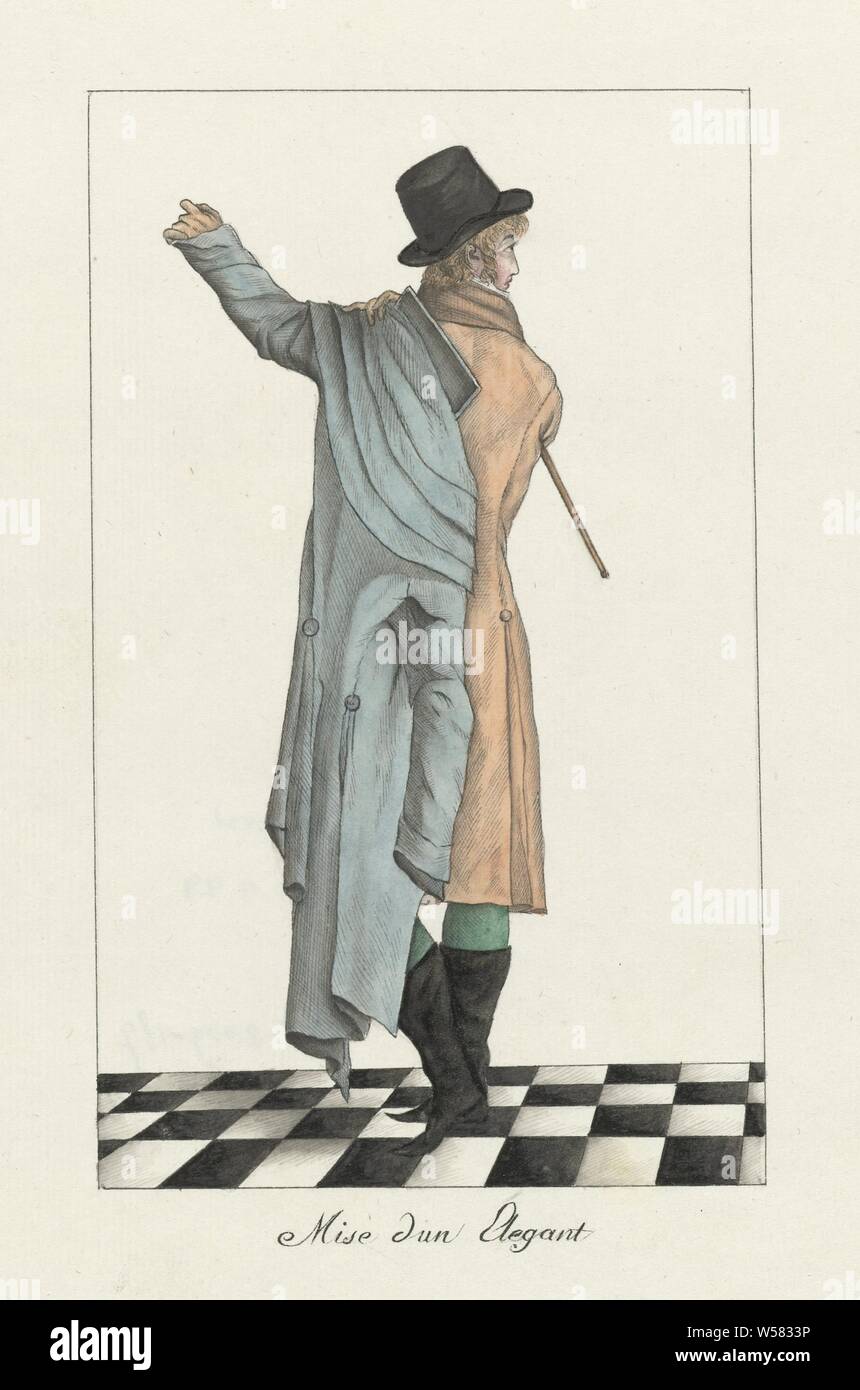 Mise d ' ONU é legant (Journal des Dames et des modalità, Costume Parisien, 15 janvier 1800, 8), un uomo mette sul suo sovrarivestimento con tre ghiere con spallamento (carrick) sopra una giacca e pantaloni. Accessori: top hat con bordo rialzato e piccolo abitacolo sul retro, piccolo bastone, stivali con naso appuntito. Firma per la stampa n. 187 nel Journal des Dames et des modalità, 15 gennaio 1800, un 8, piastre di moda, abbigliamento, costume (abiti maschili), rivestimento: soprabito ), coat (CARRICK) (abiti maschili), rivestimento: sovrarivestimento (medicazione, mettendo su abiti), coat (abiti maschili), collo marcia: collare (abiti maschili Foto Stock