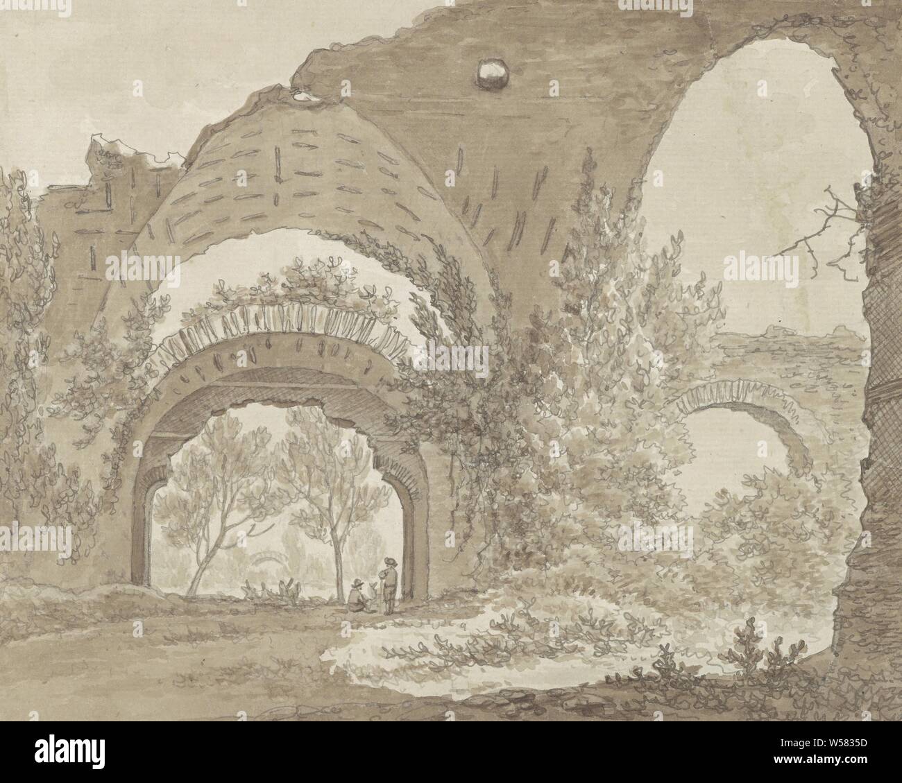 Le rovine della Villa di Adriano a Tivoli, attingendo da un gruppo di disegni di paesaggi e città in Italia ( Roma, Tivoli, Civita Castellana e Pozzuoli)., paesaggi con rovine e le rovine di un'abitazione, house, castello, ecc, Villa Adriana, Daniel Dupré, Italia, 1761 - c. 1817, carta, inchiostro chalk, spazzola h 157 mm × W 196 mm Foto Stock