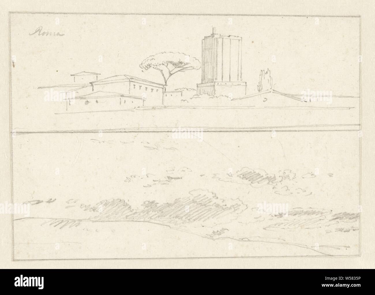 Due studi su un foglio: una vista di Roma con la Torre delle Milizie, e una nube lo studio, disegno da un gruppo di disegni di paesaggi e città in Italia (Roma, Tivoli, Civita Castellana e Pozzuoli)., paesaggi con rovine, nuvole, Roma, Torre delle Milizie, Hendrik Voogd, Italia, 1778 - 1839, carta di grafite (minerale), h 136 mm × W 197 mm Foto Stock