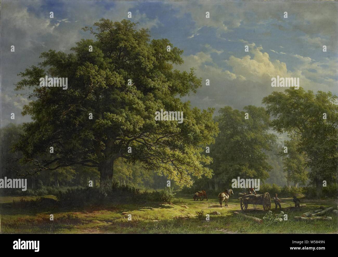 Vista in Bentheim foresta, visualizzare in Bentheim foresta. Sulla sinistra una grande quercia antica, sul diritto dei lavoratori sono il caricamento di tronchi di alberi in un carro., George Andries Roth, 1870, tela, pittura a olio (vernice), h 84 cm × W 119 cm d 11,5 cm Foto Stock