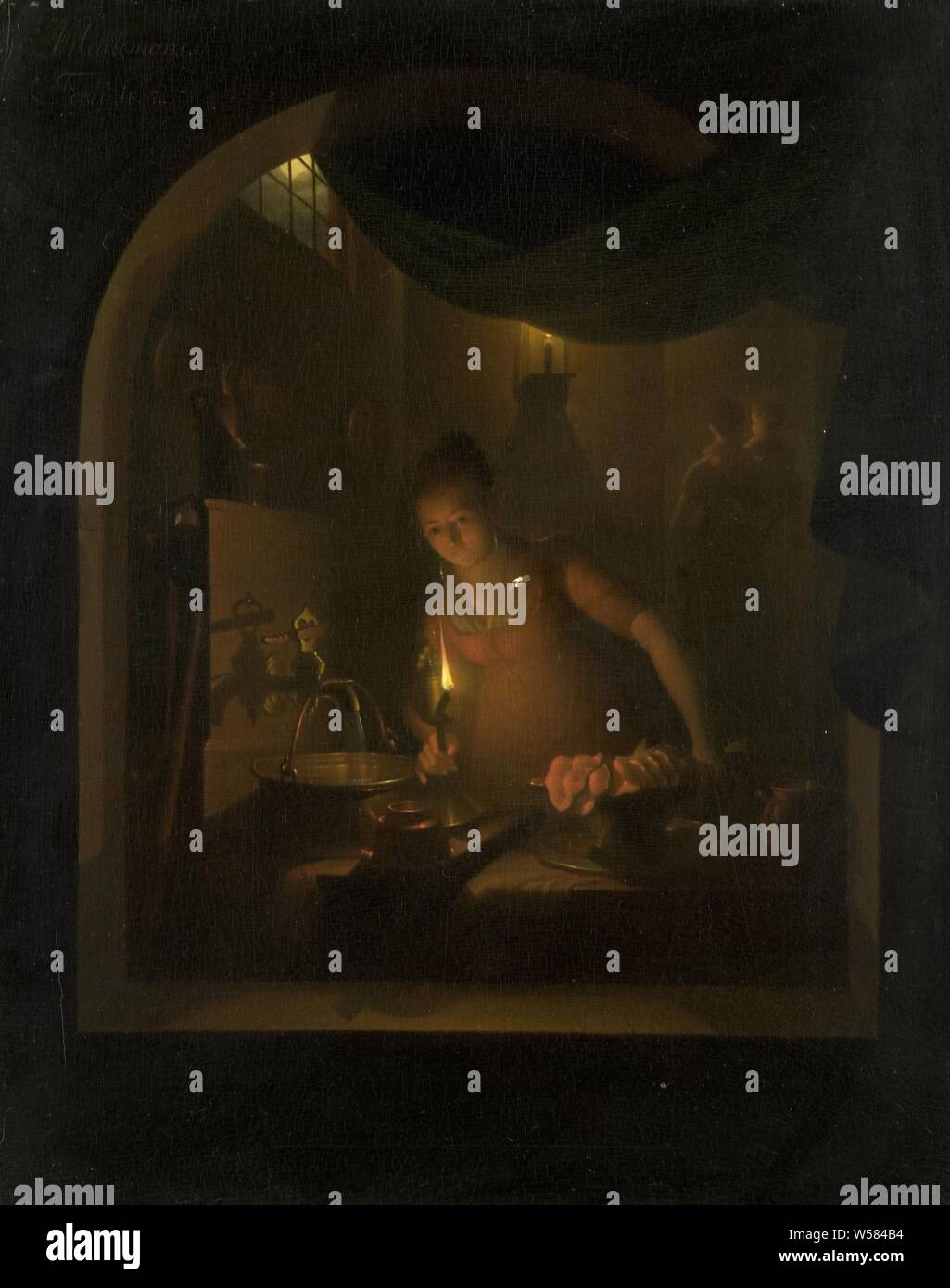 Cucina con luce artificiale, vista attraverso una finestra su una cucina dalla luce artificiale. Una cucina cameriera riempie un bollitore di acqua da un rubinetto ha una lampada ad olio nella sua mano destra. Sullo sfondo di una donna con un bambino sul suo braccio da una candela., Adriaan Meulemans, 1817, pannello, pittura a olio (vernice), h 50 cm × W 40 cm d 10,5 cm Foto Stock