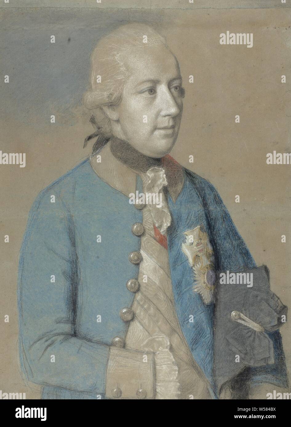 Ritratto di Giuseppe II d'Austria (1741-90), imperatore romano-germanico e più tardi il re di Ungheria e di Boemia, Ritratto di Giuseppe II (1741-90), l'imperatore d'Austria, re di Ungheria e di Boemia. La metà di destra, cappello sotto il braccio sinistro e la mano destra inserito nel gilet. Opera incompleta. Parte della collezione di pastelli., Jean-Etienne Liotard, 1778, carta, h 67 cm × W 49,3 cm w 12,2 kg h 90 cm × W 72 cm × t 7.7 cm Foto Stock