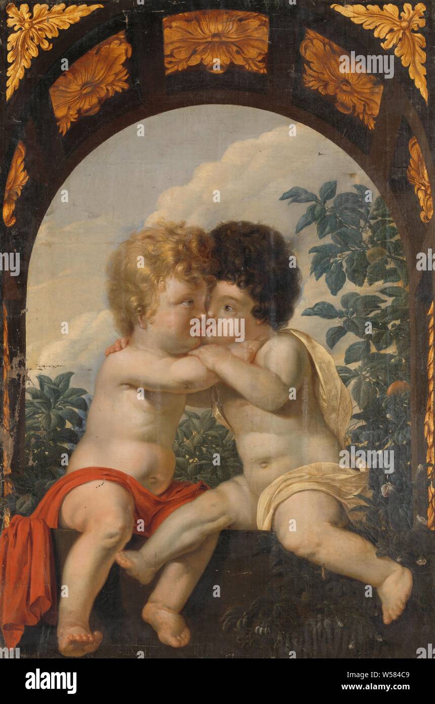 Allegoria cristiana con due bambini che abbraccia ogni altra allegoria cristiana con due bambini che abbraccia ogni altro. Parte di una serie di quattro pezzi decorativi, ciascuno con una allegoria cristiana con due bambini, anonimo, Paesi Bassi del Nord, 1650 - 1699, tela, pittura a olio (vernice), h 114,5 cm × W 77 cm × t 2,5 cm h 123,1 cm × W 85,6 cm × d 9,8 cm. Foto Stock