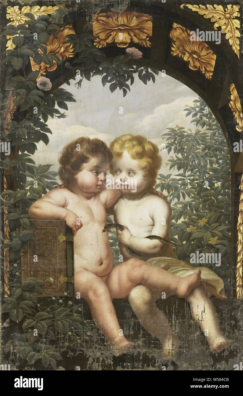 Allegoria cristiana con due bambini con la Bibbia e il serpente, allegoria cristiana con due bambini con una bibbia e un serpente. Parte di una serie di quattro pezzi decorativi, ciascuno con una allegoria cristiana con due bambini, anonimo, Paesi Bassi del Nord, 1650 - 1699, tela, pittura a olio (vernice), h 114 cm × W 75,5 cm × t 2.3 cm h 123,1 cm × W 85,6 cm × d 9,8 cm. Foto Stock