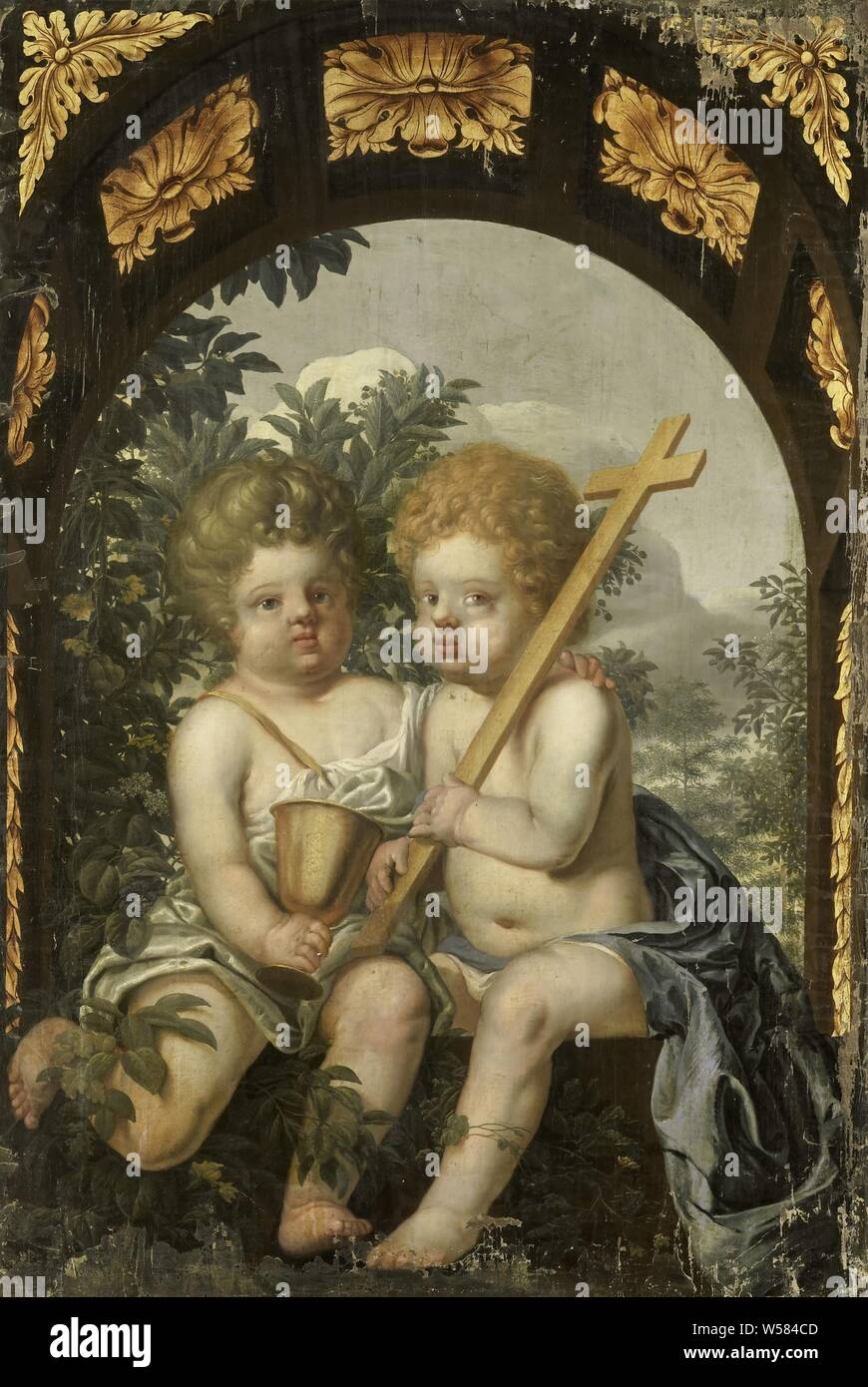 Allegoria cristiana con due bambini con la croce e il calice, due bambini con una croce e un calice, simboli di fede. Parte di una serie di quattro pezzi decorativi, ciascuno con una allegoria cristiana con due bambini, anonimo, Paesi Bassi del Nord, 1650 - 1699, tela, pittura a olio (vernice), h 114 cm × W 76 cm × t 2 cm h 123,1 cm × W 85,6 cm × d 9,8 cm. Foto Stock