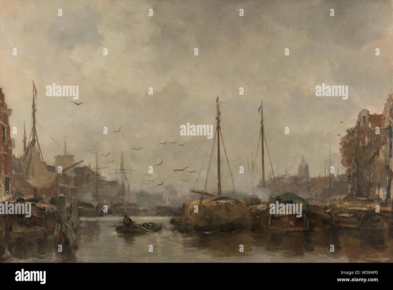 Paesaggio, Paesaggio Urbano. Vista del porto di una città olandese con chiatte ormeggiate presso le banchine, gabbiani sopra l'acqua, porto, sailing-nave, barca a vela, Jacob Maris, c. 1885 - c. 1887, tela, pittura a olio (vernice), h 86 cm × W 126 cm d 12,5 cm w 36 kg Foto Stock