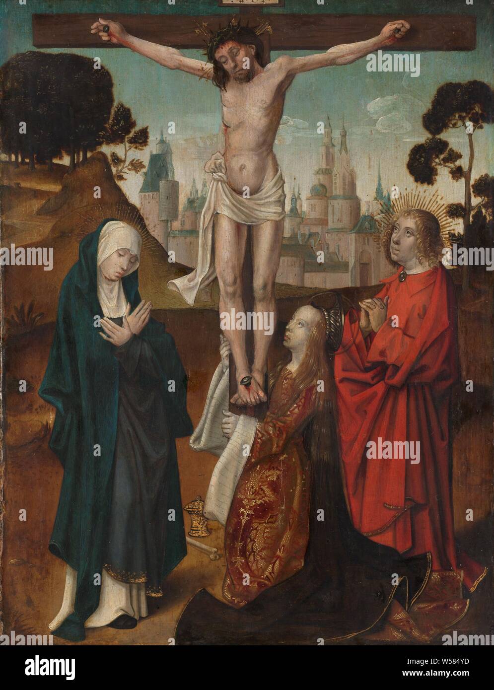 Crocifissione, la crocifissione. Cristo sulla croce, Maria sulla sinistra,  Giovanni sulla destra, Maria Maddalena si inginocchia ai piedi della croce.  Sullo sfondo una città murata., Cornelis Engebrechtsz (cerchio di), Leiden,  c. 1510 -