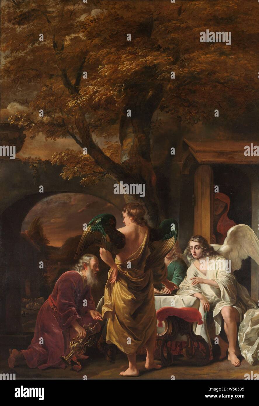Abramo divertente i tre angeli Abramo riceve i tre angeli. Sulla destra un tavolo dove due angeli sono seduti. Abramo si inginocchia sulla sinistra con un gilt può nella sua mano. Nella parte posteriore, Sara ascolta la predizione nel vano della porta. Parte di un gruppo di cinque opere realizzate per la casa a Nieuwegracht 6 in Utrecht, Ferdinand Bol, 1660 - 1663, tela, pittura a olio (vernice), h 404 cm × w 282.5 cm Foto Stock
