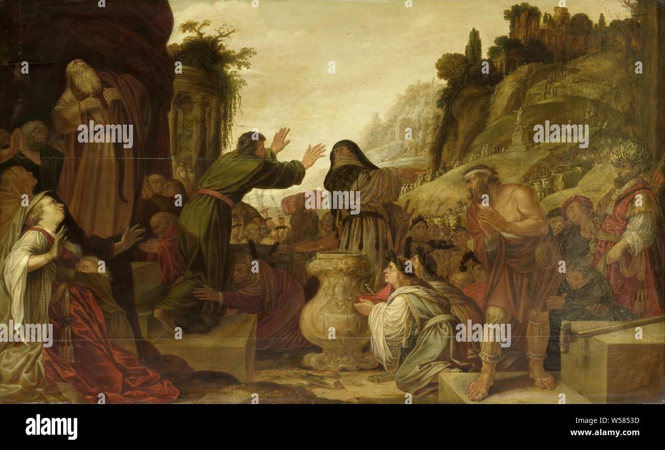 I santi Paolo e Barnaba adorato come Dio dal popolo di Listra, dopo gli storpi uomo di guarigione, Paolo e Barnaba sono onorato come dèi a Listra. Sulla sinistra Paolo lacera le sue vesti Barnaba respinge i sacrifici compiuti dai popoli. A destra è la storpi persona accanto al suo sgabello. In una lunga processione i tori vengono portati come animali sacrificali sulla sinistra un tempio di Giove, Paolo e Barnaba guarire uno storpio, il popolo di Listra pensano di mercurio e Giove, Jacob Symonsz Pynas, 1628, pannello, pittura a olio (vernice), supporto: h 64 cm × w 104,7 cm Foto Stock