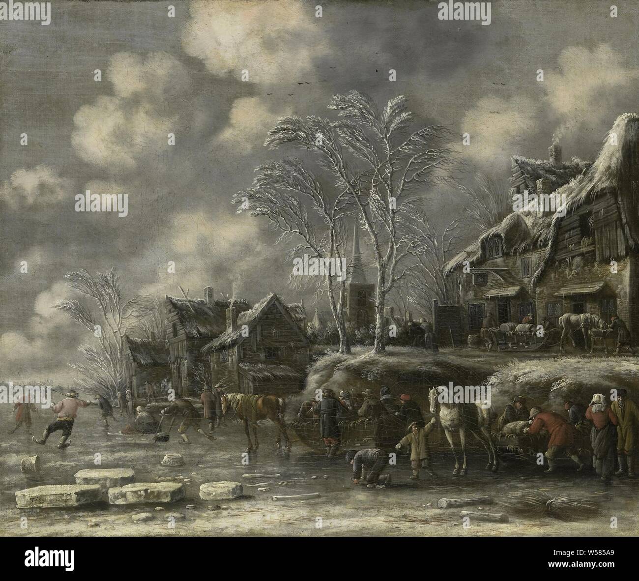 Scena invernale, faccia d'inverno. I pattinatori e slitte sul ghiaccio in un villaggio. Nel mezzo di una grande carrello per il trasporto di persone, trainato da un cavallo. Sulla destra un carrello su cui barili sono caricati., Thomas Heeremans, 1675, tela, pittura a olio (vernice), h 41 cm × W 49 cm d 7,5 cm Foto Stock