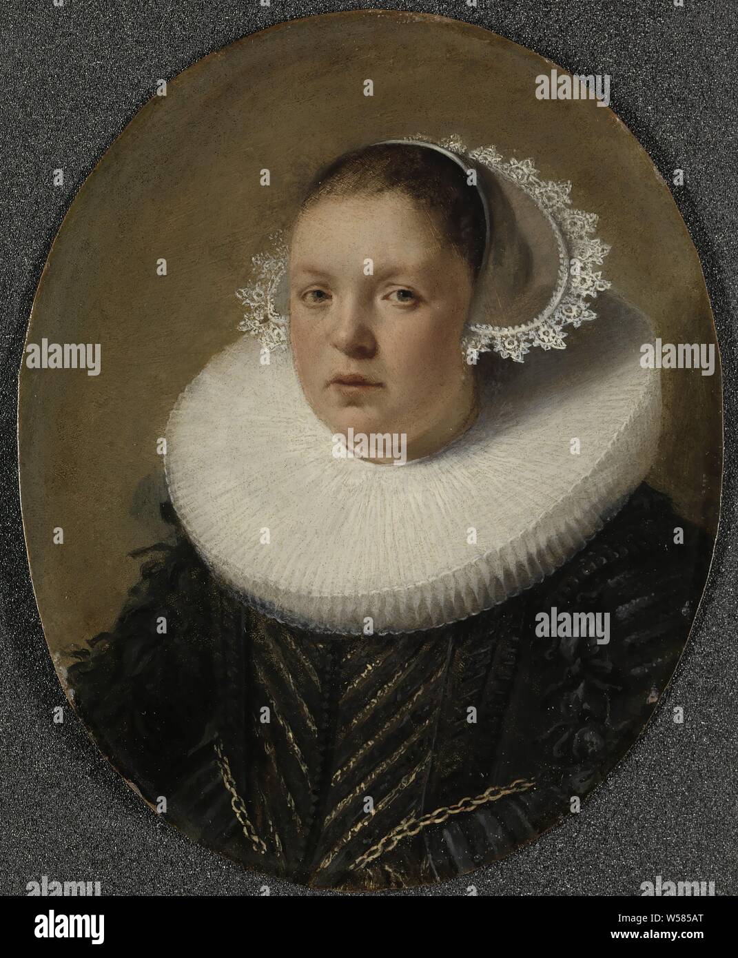 Ritratto di Josina Jansdr de Carpentier (1601-34), Ritratto di Josina Jansdr. Il Carpentier (1601-34). Busto a sinistra. Parte di una serie di sette ritratti ovale di Cornelis Samuelsz van Esch, sua moglie Josina Jansdr de Carpentier, le loro tre figlie e due figli, Anonimo (forse), Dordrecht, 1632, rame (metallo), pittura a olio (vernice), supporto: h 15.9 cm × W 12,8 cm h 27.7 cm × W 24,2 cm × d 4 cm Foto Stock