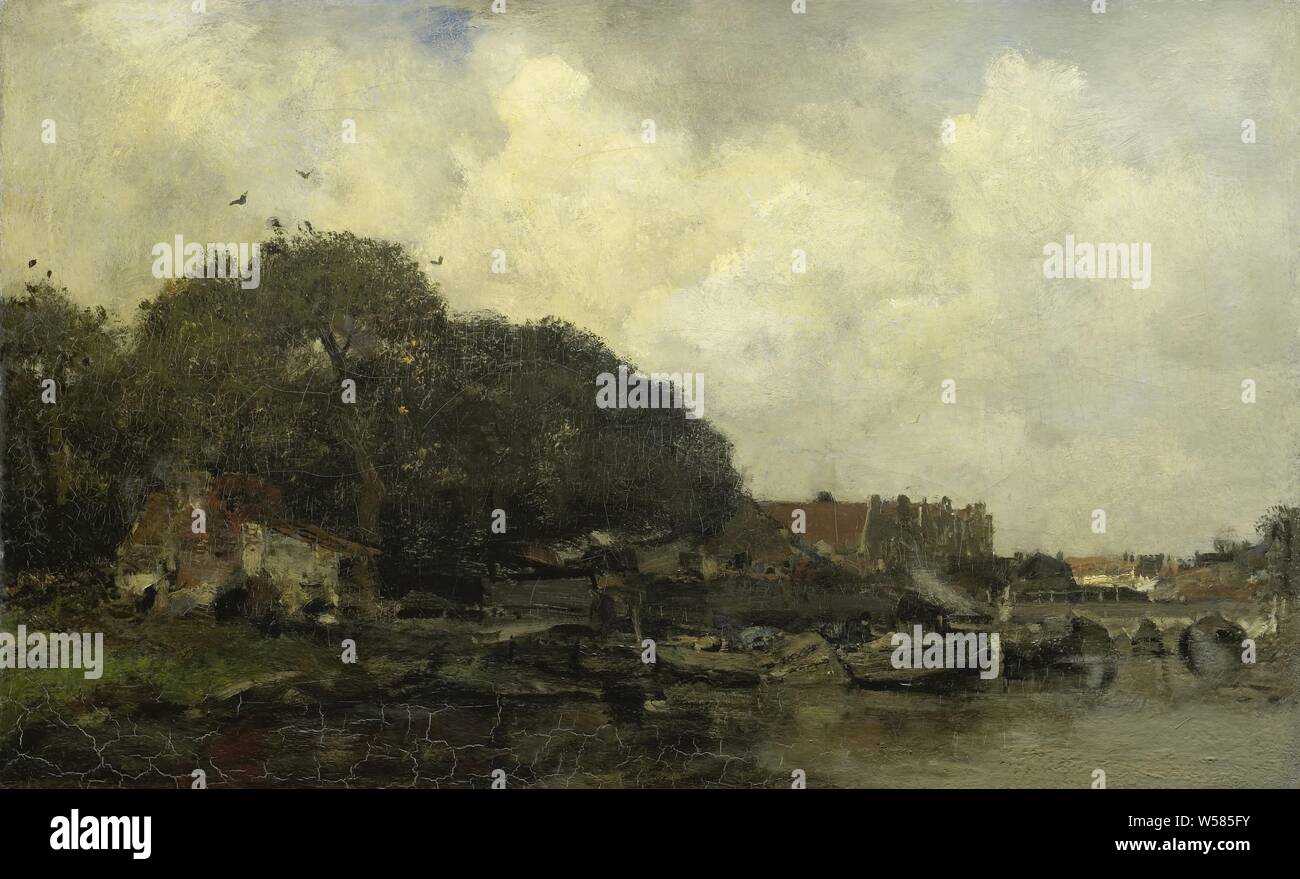 La vista del porto, e vista sul porto Vista di un fiume con le case sulla sinistra sotto gli alberi e un cortile con barconi nell'acqua. La distanza a destra un ponte in pietra con archi., Jacob Maris, 1870 - 1899, tela, pittura a olio (vernice), h 49,5 cm × W 77,7 cm × t 3.4 cm d 13,1 cm Foto Stock