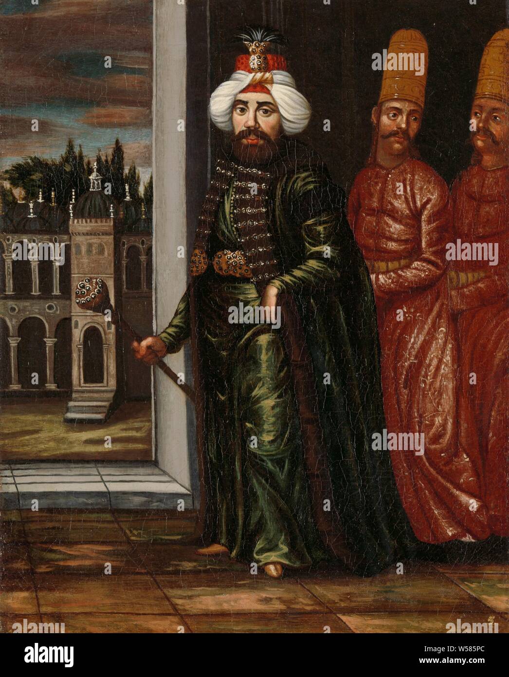 Ritratto del Sultano Ahmed III, ritratto del Sultano Ahmed III (1703-1730) con due inseguitori, sulla sinistra il palazzo. Parte di una serie di dipinti con soggetti turco ha portato dalla Turchia nei Paesi Bassi da parte dell'ambasciatore Cornelis Calkoen e suo cugino Nicolaas nel 1817 delegati alla gestione del Levantsche Handel in Amsterdam, righello, sovrano, storico persone, Turchia, Ahmed III (sultano dell'Impero ottomano), Jean Baptiste Vanmour (officina di), Istanbul, 1700 - 1737, tela, pittura a olio (vernice), h 38 cm × W 31 cm Foto Stock