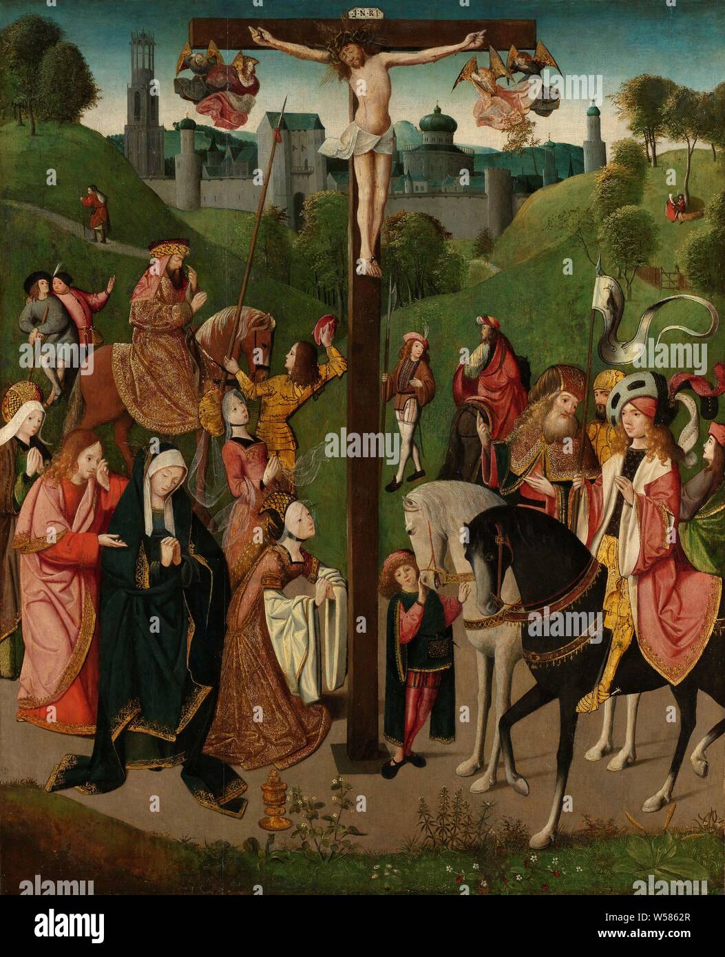 Cristo sulla croce, angeli su entrambi i lati. Sotto la croce sulla  sinistra Giovanni Maria, Maria Maddalena e le sante donne. In background  Longino e il centurione guarito dalla sua cecità, sulla