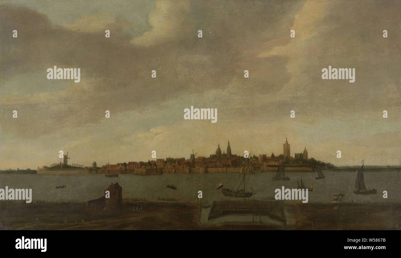 Vista di Heusden, la vista della città di Heusden dall'altro lato del fiume, tutti i tipi di barche a vela sull'acqua, la prospettiva della città panorama, la silhouette della città, Heusden, Maas, Monogrammist FK (Noordelijke Nederlanden) (menzionato in oggetto), il nord dei Paesi Bassi, 1625 - 1674, tela, pittura a olio (vernice), h 76 cm × W 130 cm Foto Stock