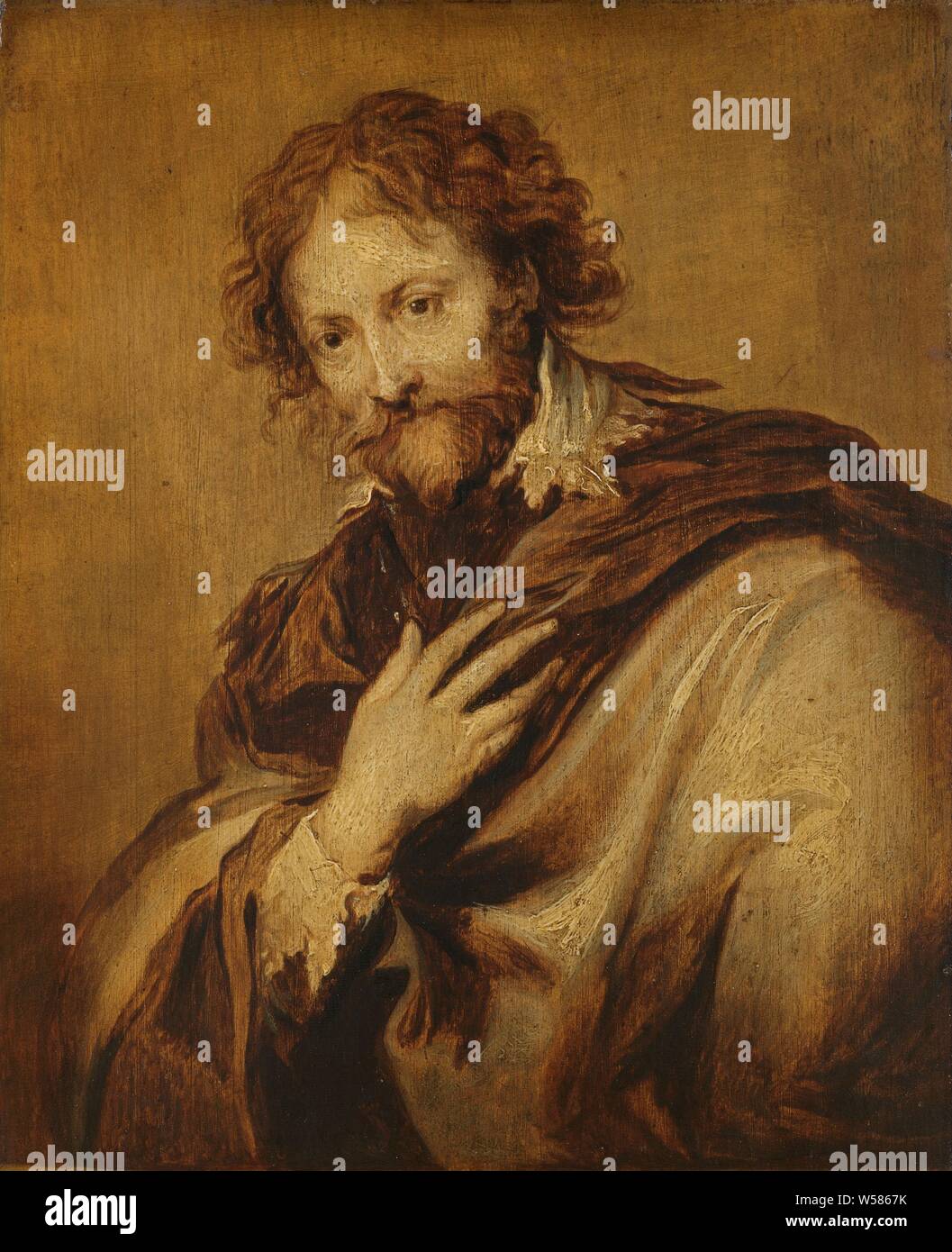 Ritratto di un uomo identificato come Peter Paul Rubens (1577-1640), pittore e diplomatico, identificato come Peter Paul Rubens, pittore e diplomatico a mezza lunghezza, con la mano destra incrociate sul petto, ritratto, autoritratto di artista, storico delle persone, Peter Paul Rubens, Anthony van Dyck (officina di), 1630 - 1660, pannello, pittura a olio (vernice), h cm 26 × W 20 cm d 5 cm Foto Stock