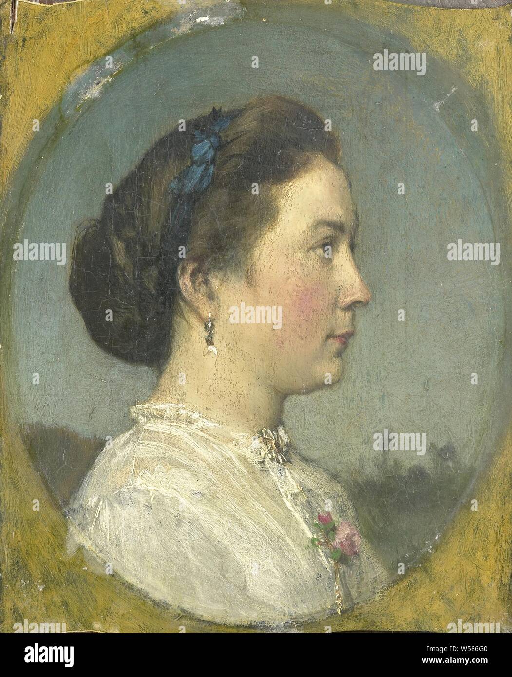 Ritratto di Catharina Hendrika Horn, l'artista della moglie, moglie del pittore fin dal 1867. Busto di forma ovale e il profilo a destra., Jacob Maris, c. 1867, pannello, pittura a olio (vernice), h 19.4 cm × W 15,7 cm × t 0,6 cm d 5.4 cm Foto Stock