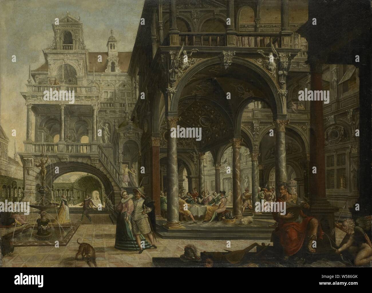 Palace, architettura di fantasia. Palazzo con galleria aperta con una festa a un banchetto, con musicisti e ballerini. Nella parte anteriore di un uomo giocando su un liuto e un amor con arco e frecce. A sinistra una faccia nel giardino con una fontana e una coppia di ballo., visitando i malati, aeger curatur, uno dei sette atti di misericordia, Hendrick Aerts, 1602, tela, pittura a olio (vernice), h 93 cm × w 127,5 cm d 7,5 cm Foto Stock