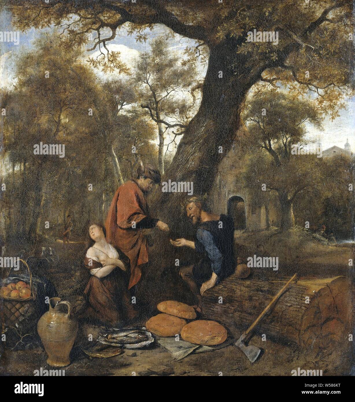 Erysichthon vende la sua figlia, Erysichthon, seduto su un tronco di albero, vende la sua figlia Mestra (Ovidio Metamorfosen VIII, 738-878). Sul pavimento sono grandi pagnotte di pane, un cesto di pesci, un boccale di grandi dimensioni e un cesto di frutta. Un'ascia è appoggiata contro il tronco di albero., Jan Havicksz. Steen, 1650 - 1660, tela, pittura a olio (vernice), h 66 cm × W 64 cm d 7,5 cm Foto Stock