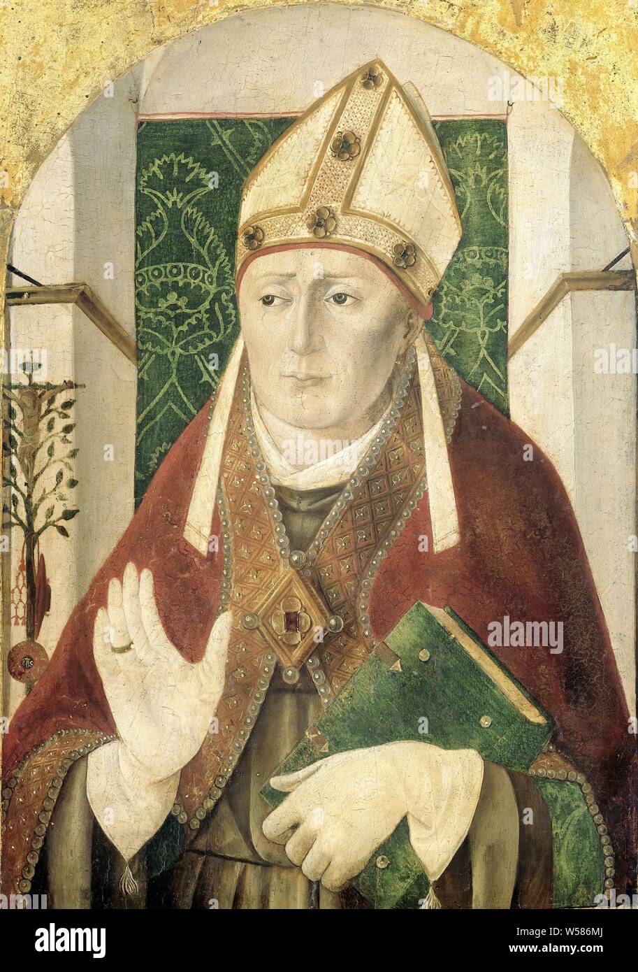 San Bonaventura, san Bonaventura. Mezza figura con libro nella mano sinistra e destro sollevato mano., Girolamo da Treviso I (attribuito a), Noord-Italie, c. 1490, pannello, pittura a olio (vernice), h 50 cm × W 36 cm d 12,5 cm Foto Stock