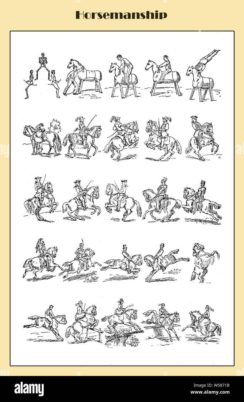 Tabella illustrata da un lessico italiano di equitazione con figure e posizioni che rappresentano attività ricreative, artistico, militare o esercizi culturali e sport competitivo Foto Stock