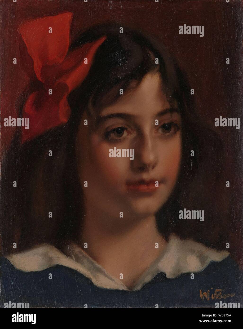 Ritratto di una ragazza, Ritratto di una ragazza con un fiocco rosso tra i capelli, tre quarti a destra., Willem Witsen, 1885 - 1922, pannello, pittura a olio (vernice), h cm 26 × W 21 cm d 10 cm Foto Stock