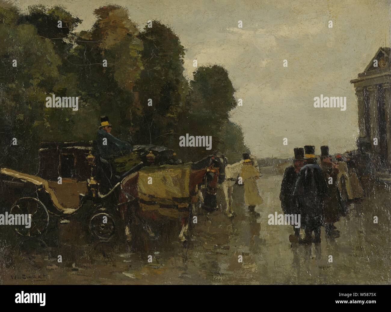 Carri e carrozze di attesa con carrelli in attesa cocchieri, carrelli con cocchieri di attesa in condizioni di tempo piovoso. Probabilmente alla Hollands Spoor station all'Aia, a quattro ruote, animale-disegnato il veicolo, ad es .: cabina, carrello, pullman, l'Aia, Willem de Zwart, c. 1890 - c. 1894, tela, pittura a olio (vernice), h 31.5 cm × W 43 cm d 10,5 cm Foto Stock