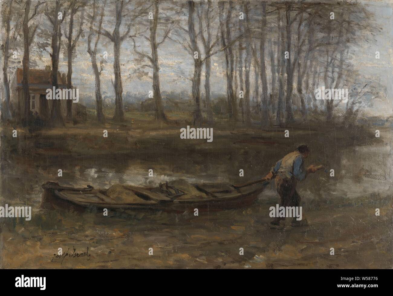 La sabbia Bargeman, la sabbia Barge, la sabbia Skipper. Uno skipper, passeggiate lungo la riva, spinge il suo barge caricato con sabbia. Sull'altro lato del canale di una fila di alberi e una casa, barca proiettato dall uomo o animale, Jozef Israels, 1887, tela, pittura a olio (vernice), h cm 62 × W 90 cm Foto Stock