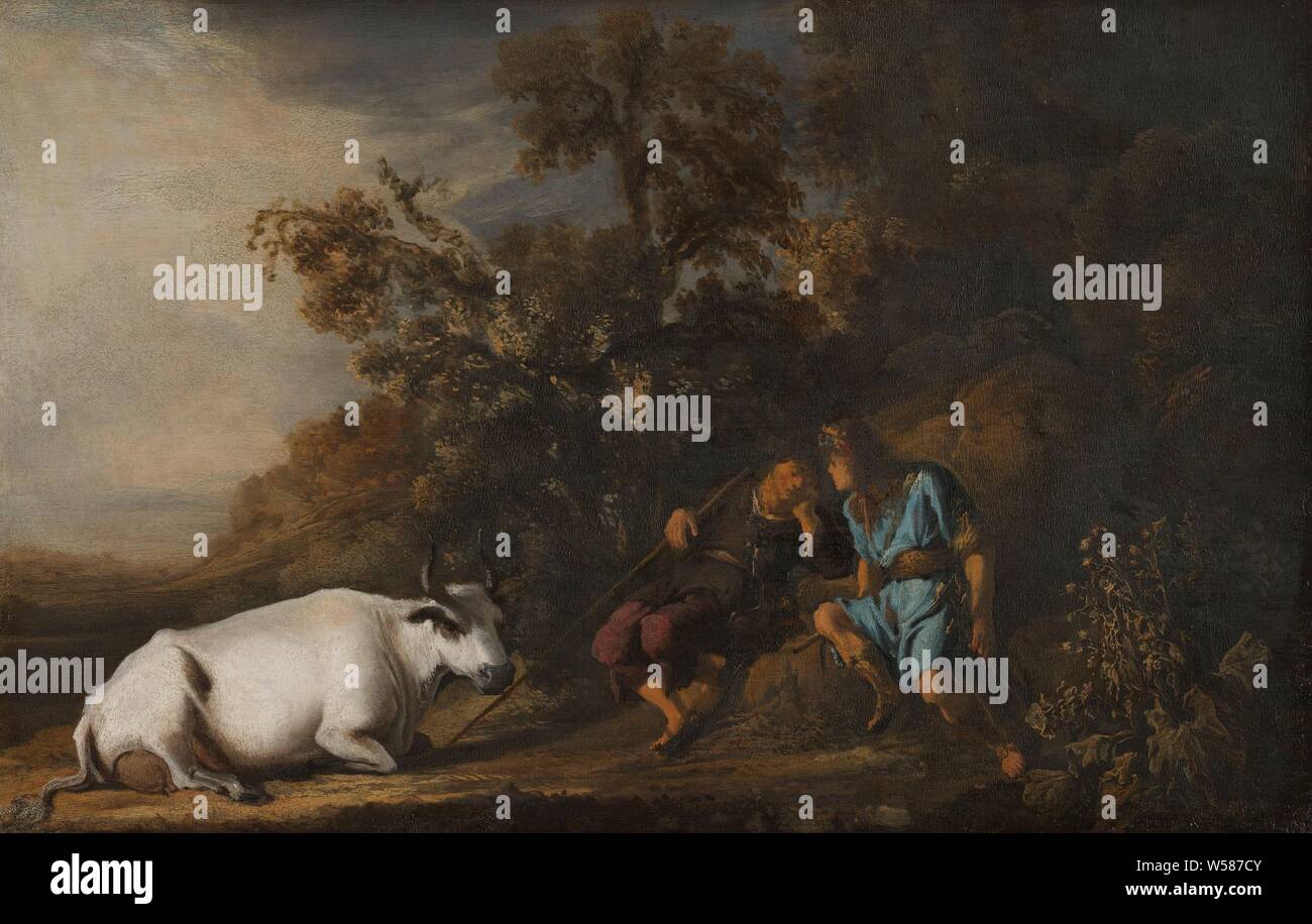 Il mercurio, Argus e io, Argus e Io. Controlli di mercurio con la spada in mano se il pastore Argus davvero si è addormentato, sinistra Io nella forma di una mucca., Mercurio le pause Argus in modalità sleep rendendo la musica, Govert Flinck, 1635 - 1645, pannello, pittura a olio (vernice), h 31 cm × W 47,5 cm Foto Stock