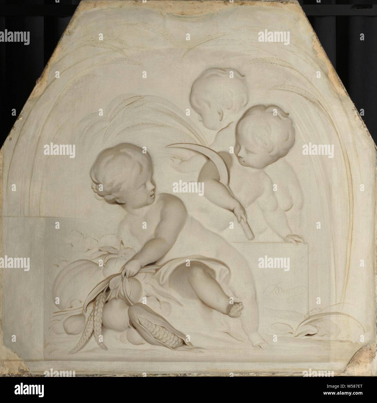 Estate, l'estate, l'estate, rappresentata da tre putti giocando con un falcetto, stocchi di mais e frutta raccolta. Parte di una serie di quattro stagioni dal 1740. Eventualmente un dessus-de-porte, estate, 'Aestas', 'estate' (RIPA) (con scene raffiguranti le occupazioni umane, stagioni e mesi), il raccolto, amorini: 'amores', 'amoretti", "Putti', Jacob de Wit (firmato dall'artista), 1740, tela, pittura a olio (vernice), h 109 cm × w 110,5 cm w 8,6 kg Foto Stock