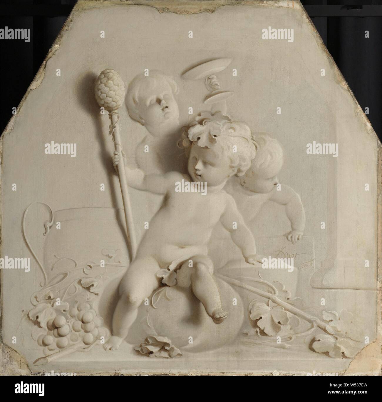 Autunno Autunno Autunno rappresentato da tre putti giocando con vitigni, un abbeveratoio e un personale di Bacco. Parte di una serie di quattro stagioni dal 1740, autunno autunno, 'Autumnus", "Autunno" (RIPA) (con scene raffiguranti le occupazioni umane, stagioni e mesi), gli attributi di Bacco: vite, amorini: 'amores', 'amoretti", "Putti', Jacob de Wit (firmato dall'artista), 1740, tela, pittura a olio (vernice), h 109 cm × w 110,5 cm w 8,6 kg Foto Stock