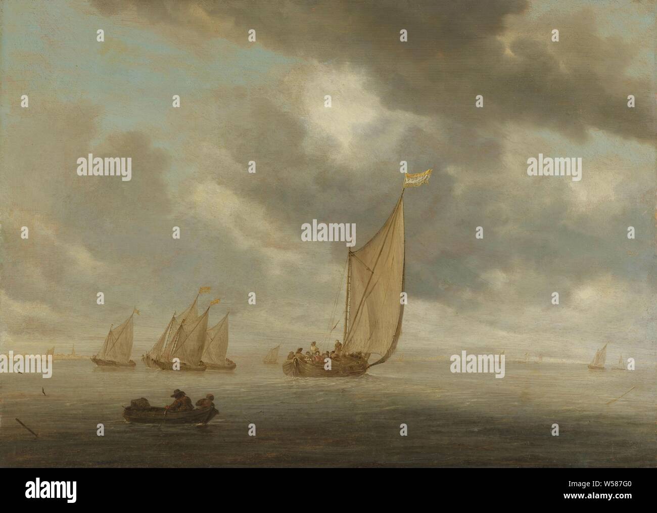 Le navi a vela su un corpo terrestre di acqua, vista su un vasto per via navigabile o lago con chiatte. In primo piano due persone in barca a remi, nel mezzo di una nave a molla. Sulla sinistra all'orizzonte una guglia e i contorni di alcune case mare (seascape), sailing-nave, barca a vela, Salomon van Ruysdael, 1630 - 1670, pannello, pittura a olio (vernice), h 50 cm × W 69 cm d 7.7 cm Foto Stock