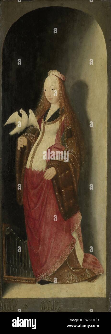 Santa Cecilia, l'ala destra di un trittico, al di fuori di un trittico berlina. Santa Cecilia, in piedi in una nicchia di pietra, piena di piedi, una colomba sulla destra un organo ai suoi piedi. corona di fiori o di rose e gigli, maestro di Brunswick dittico (attribuito a), 1490 - 1500, pannello, pittura a olio (vernice), supporto: h 65.2 cm supporto: w 23,5 cm d 5 cm Foto Stock