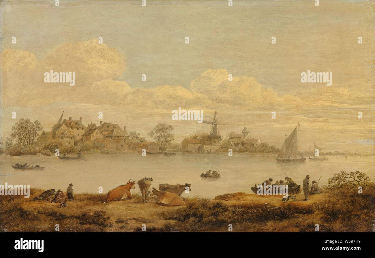 Vista di un fiume, vista sul fiume. Vista di un villaggio con una chiesa e di un mulino situato sull'altro lato di un fiume. In primo piano le vacche, appoggiando i viaggiatori e la barca a remi con i passeggeri, fiume (Paesaggio con figure, staffage), bovini, traghetto, anonimo, Paesi Bassi del Nord, c. 1635, pannello, pittura a olio (vernice), h 29.5 cm × W 47,5 cm Foto Stock